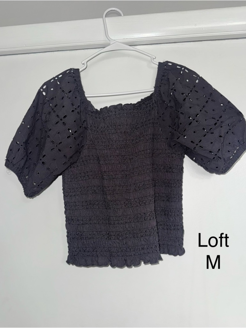 LOFT Black Smocked Eyelet Puff Sleeve Top